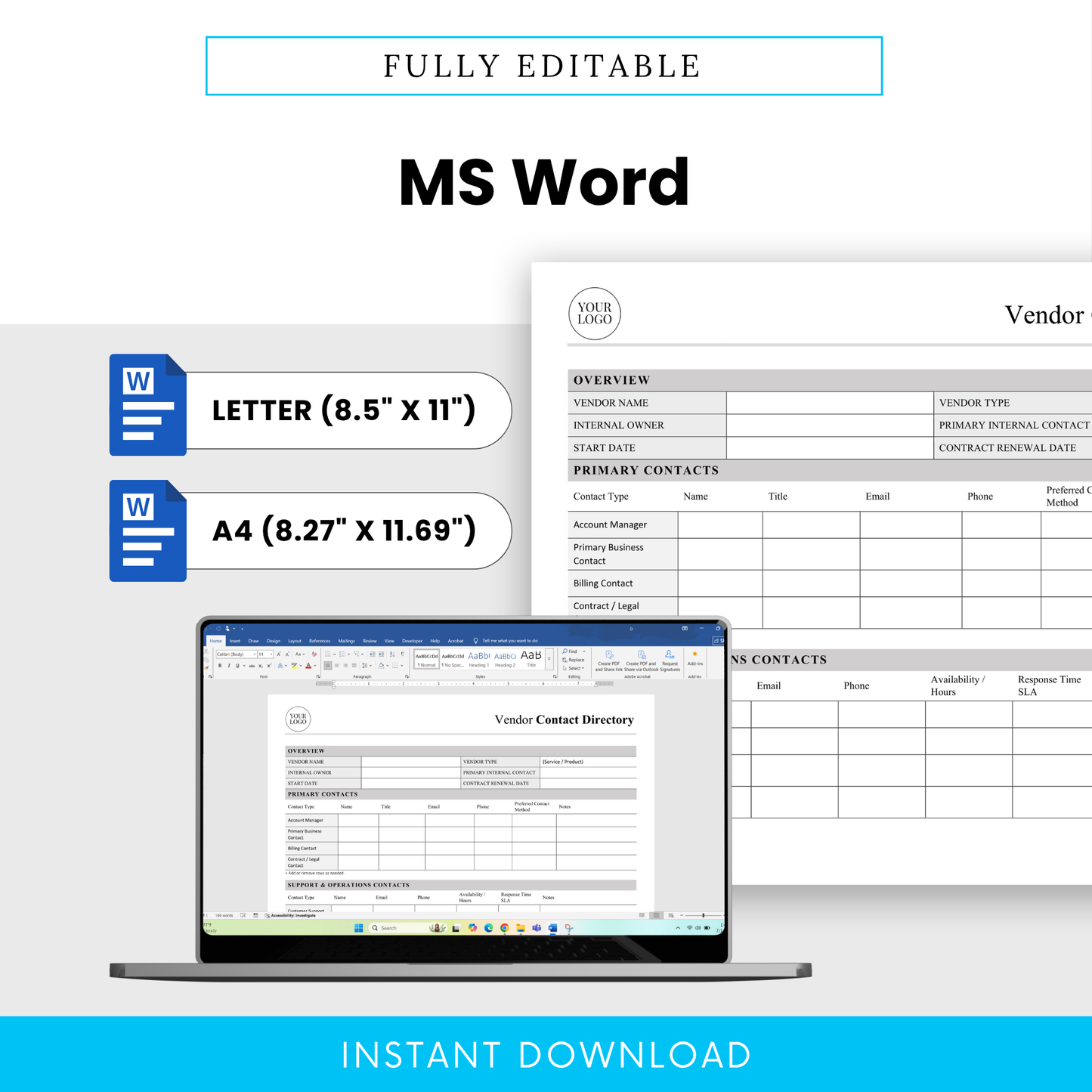 Editable Vendor Contact Directory Template Word displayed on screen with Letter and A4 sizing options for flexible use. This business template is ideal for managers and small businesses needing a customizable vendor directory for daily operations.