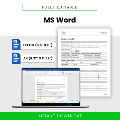 Editable Word format of the template for project management showcased on a laptop, highlighting both Letter and A4 paper size options.