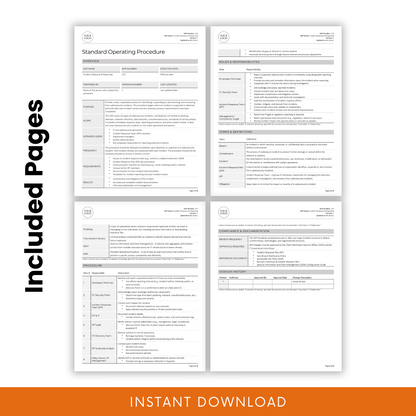 Incident Response & Reporting SOP template showcasing four included pages. Features structured sections such as overview, roles and responsibilities, terms and definitions, procedures, compliance documentation, and version history. 'Included Pages' text on the left highlights the document's comprehensive nature, with an 'Instant Download' banner at the bottom.