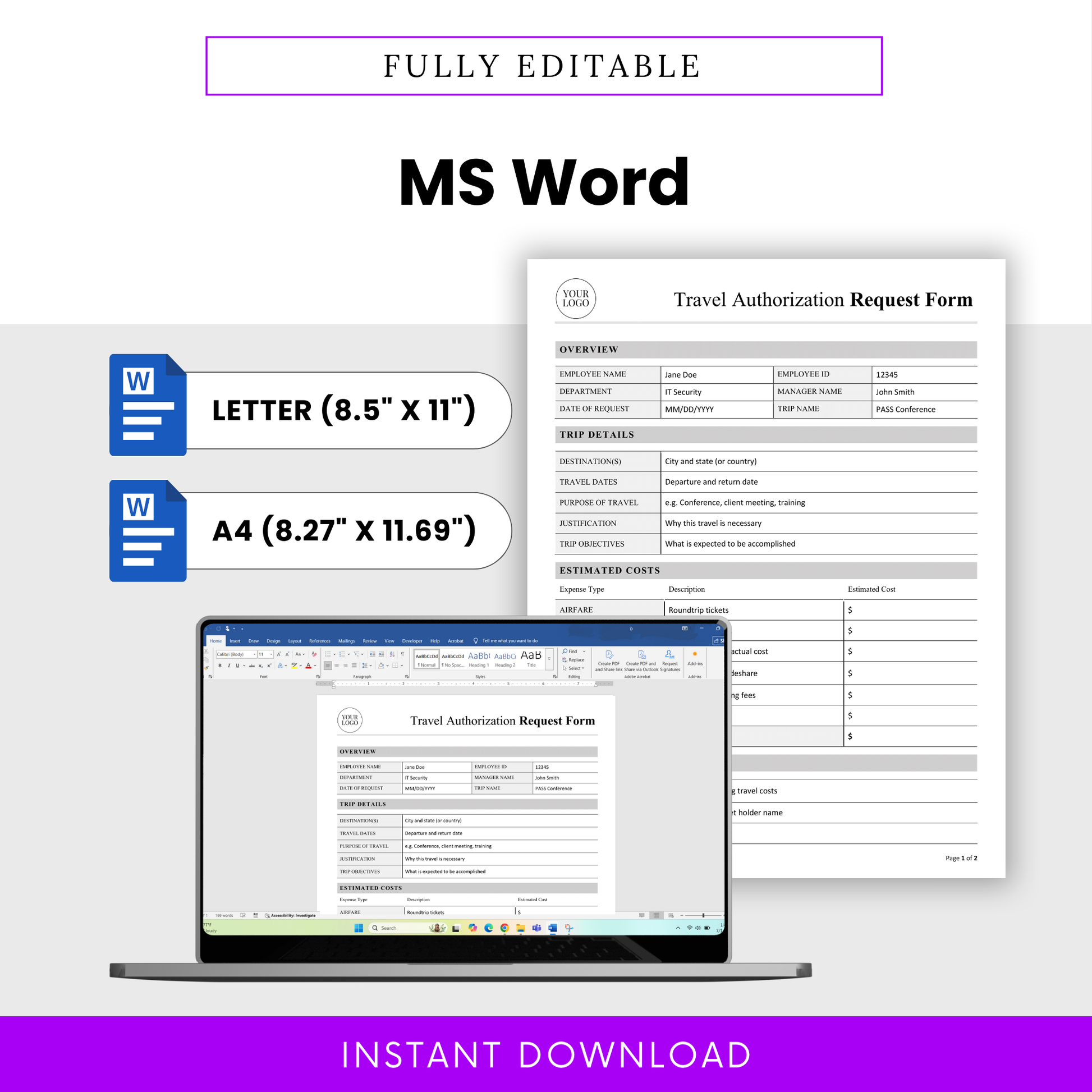 Editable MS Word travel authorization template in letter and A4 sizes, professional business document format for easy customization and company branding