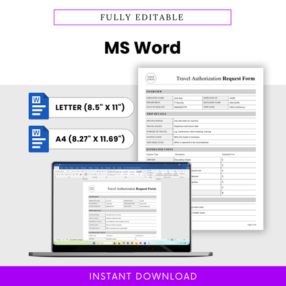 Editable MS Word travel authorization template in letter and A4 sizes, professional business document format for easy customization and company branding