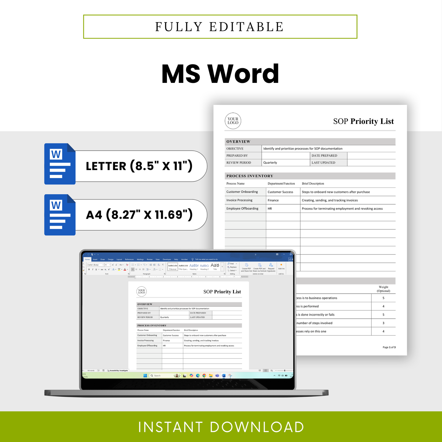 Editable SOP template in Microsoft Word format with letter and A4 sizes, customizable business document, workflow planner template for operations teams