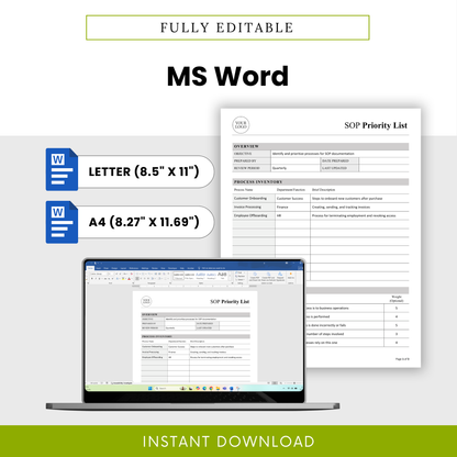 Editable SOP template in Microsoft Word format with letter and A4 sizes, customizable business document, workflow planner template for operations teams