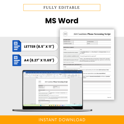 Editable Microsoft Word version of the phone screening script template displayed on a laptop screen with US Letter and A4 size options
