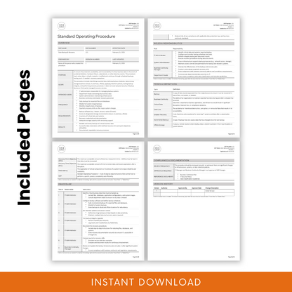 Database Backup, Critical Data Backup, & Data Restore SOP template showcasing four included pages. Features structured sections such as overview, roles and responsibilities, terms and definitions, procedures, compliance documentation, and version history. 'Included Pages' text on the left highlights the document's comprehensive nature, with an 'Instant Download' banner at the bottom.