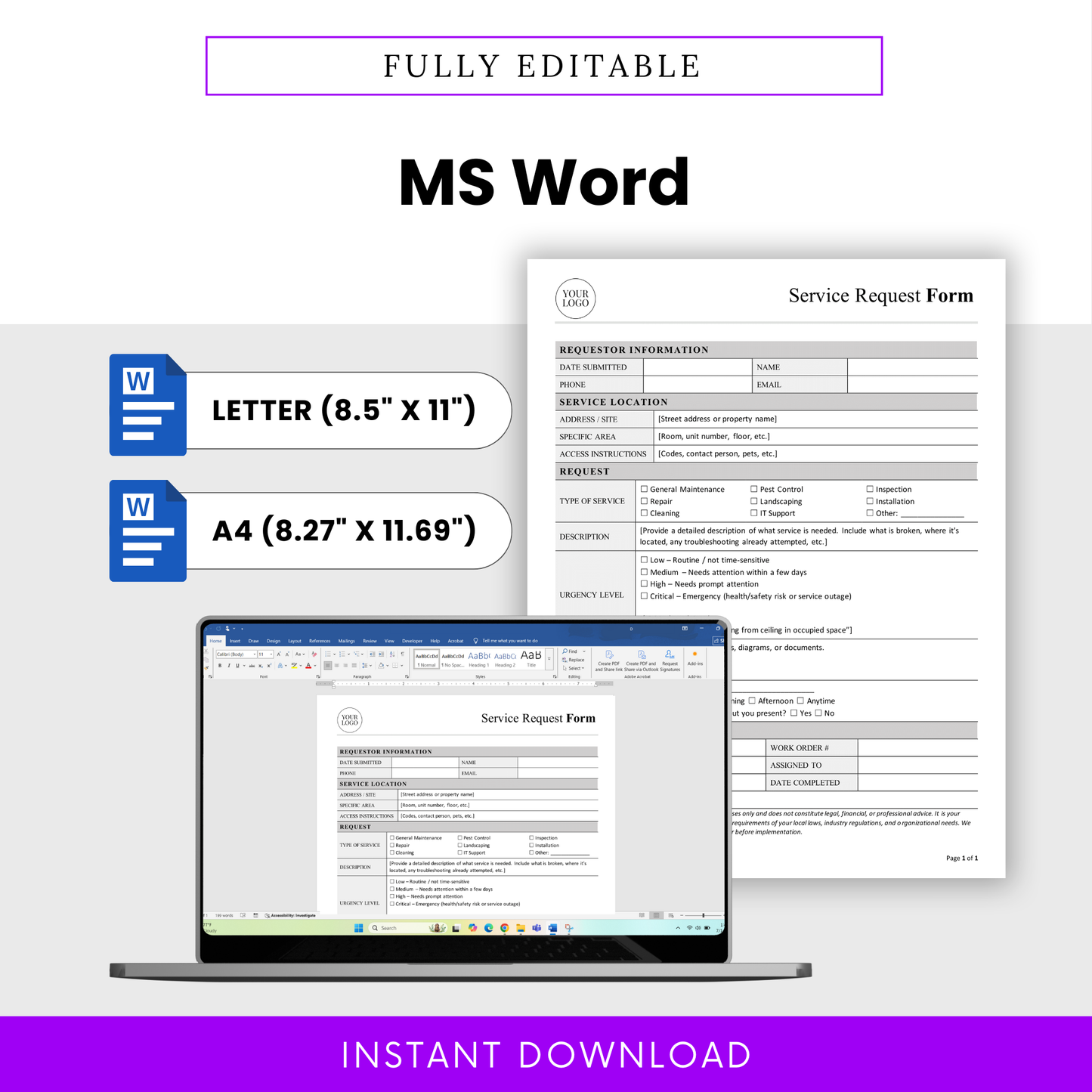 Fully editable service request form in Microsoft Word format, available in US Letter and A4 sizes, customizable business template for office and administrative use