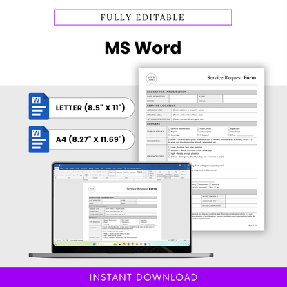 Fully editable service request form in Microsoft Word format, available in US Letter and A4 sizes, customizable business template for office and administrative use
