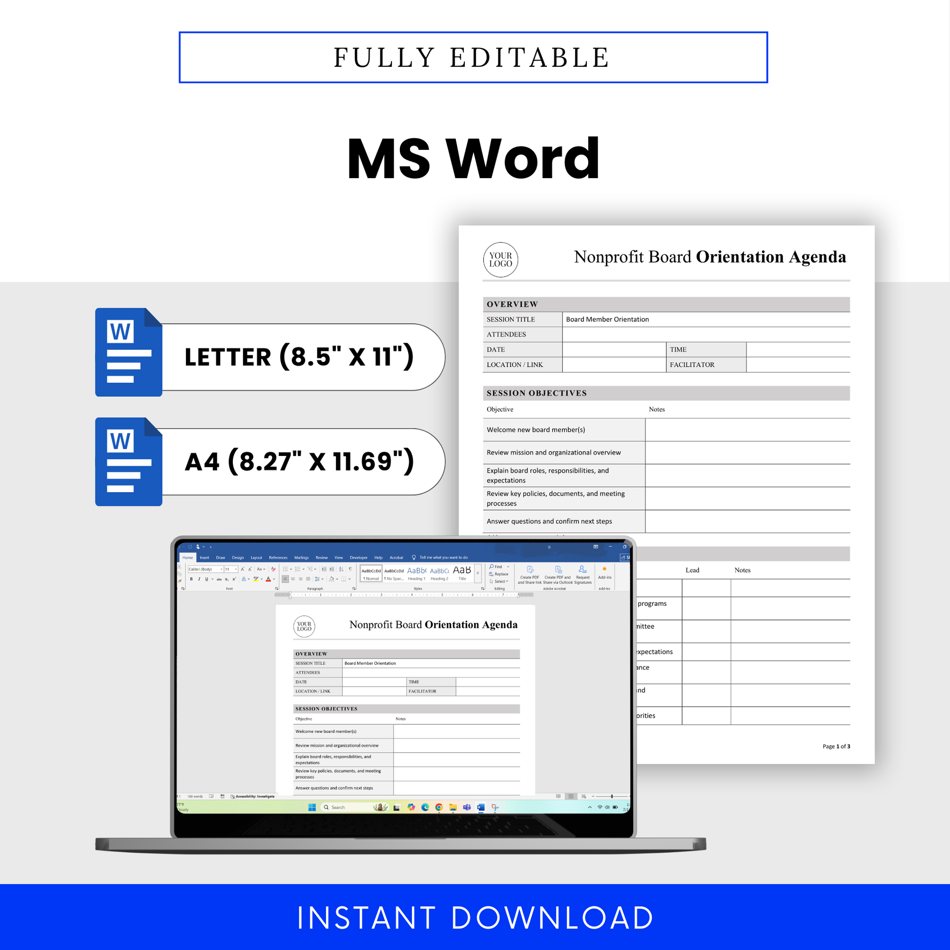 Editable nonprofit board orientation agenda template shown in Microsoft Word format with US Letter and A4 size options, customizable layout, logo placeholder, and laptop screen preview for nonprofit board member onboarding documents