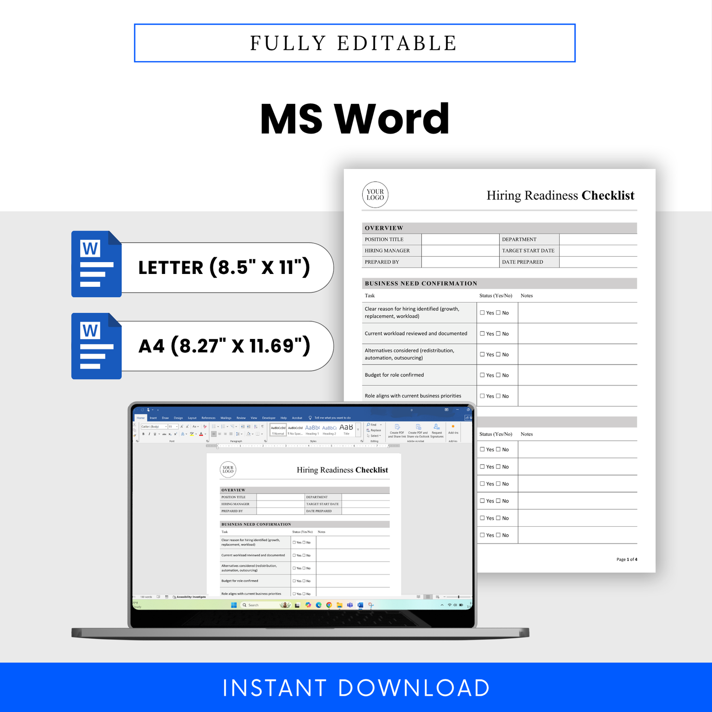 Editable hiring checklist template in Microsoft Word format with letter and A4 sizes, customizable HR document for recruitment planning and hiring workflow