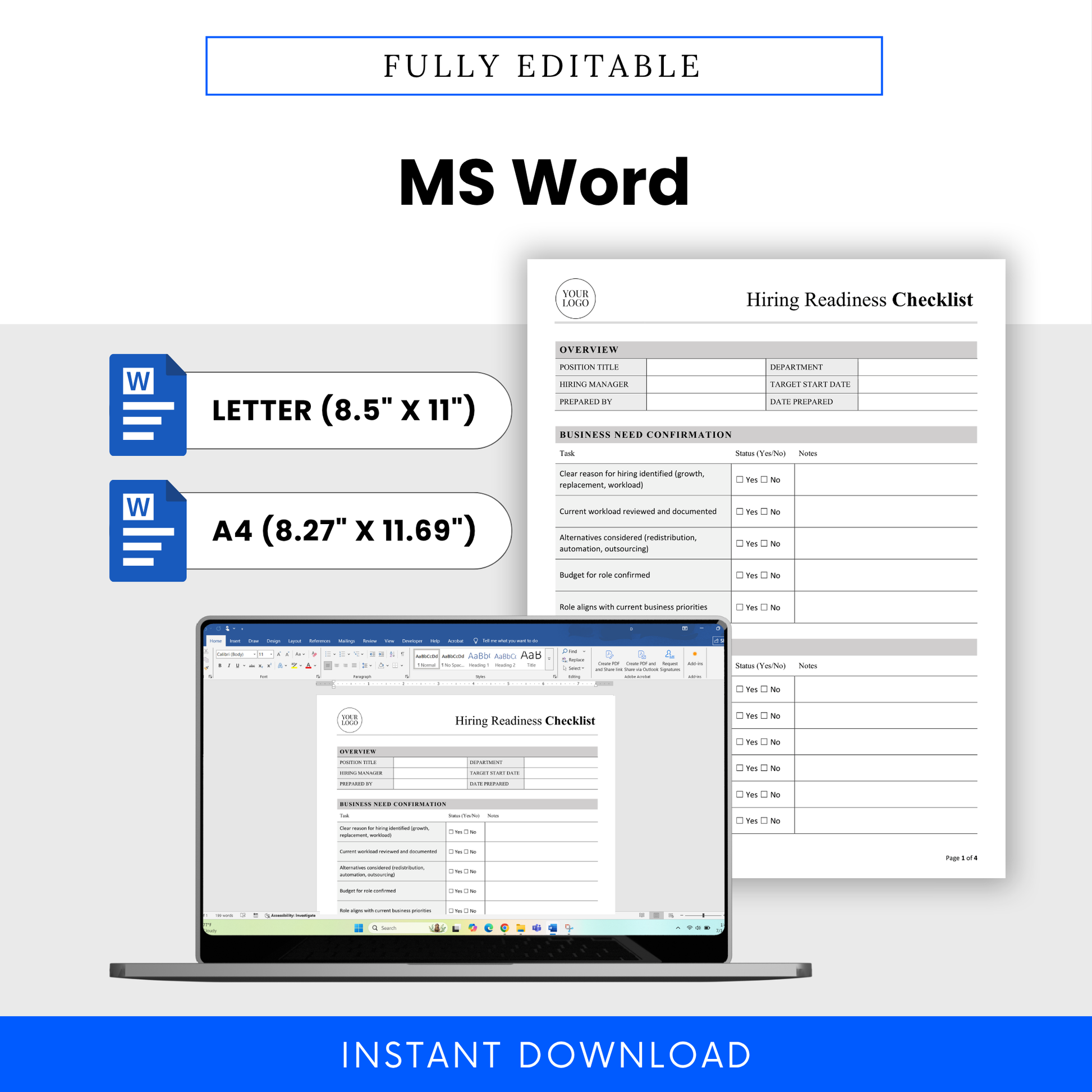 Editable hiring checklist template in Microsoft Word format with letter and A4 sizes, customizable HR document for recruitment planning and hiring workflow