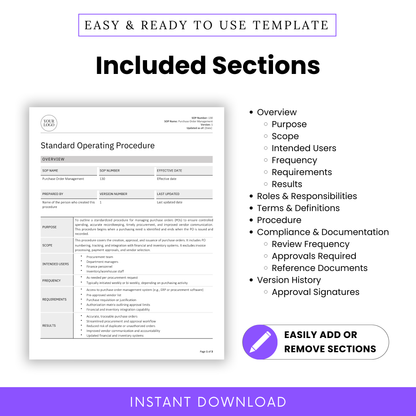 Included Sections Overview for Purchase Order Management SOP Template – Editable Standard Operating Procedure for Small Business Procurement – Lists Key Sections: Overview, Purpose, Scope, Intended Users, Frequency, Requirements, Results, Roles & Responsibilities, Terms & Definitions, Procedure, Compliance & Documentation, and Version History – Word and PDF Format – Easily Add, Edit, or Remove Sections – Instant Download for Operations Management, Inventory, and Vendor Process Workflows