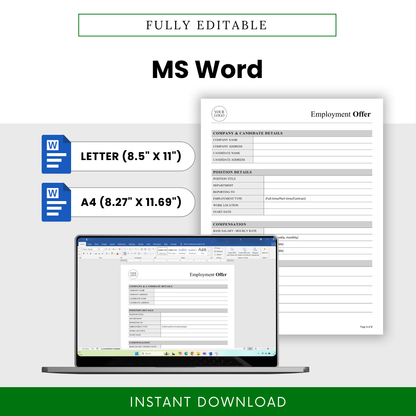 Employment Offer Template Word shown in an editable Microsoft Word interface with Letter and A4 sizing options. This simple Employment Offer Template is perfect for users who need a flexible, customizable hiring document for quick edits and professional use.