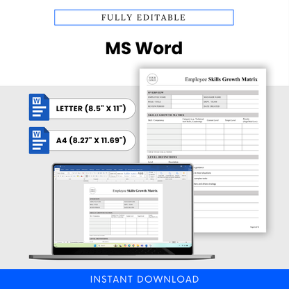 Editable employee skills growth matrix template in Microsoft Word format with letter and A4 sizes for HR performance review and employee evaluation