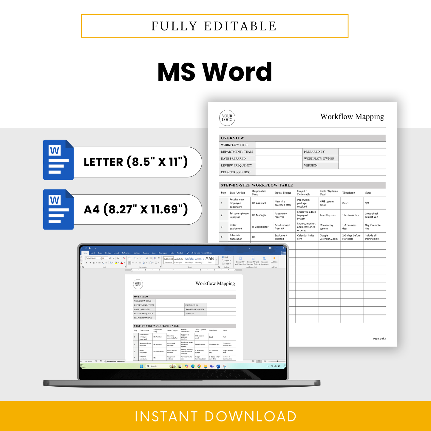 Editable workflow mapping template in Microsoft Word format with Letter and A4 sizes displayed on laptop screen for business process documentation