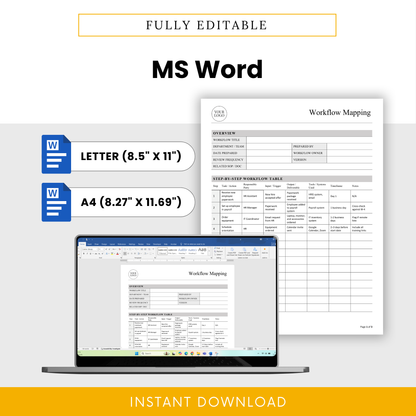 Editable workflow mapping template in Microsoft Word format with Letter and A4 sizes displayed on laptop screen for business process documentation