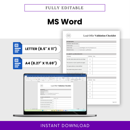 Lead Offer Validation Checklist Template Word displayed on a laptop screen with editable document format in US Letter and A4 sizes. This fully editable Lead Offer Validation Checklist template is ideal for small business owners and marketing teams who want a flexible and professional business checklist.