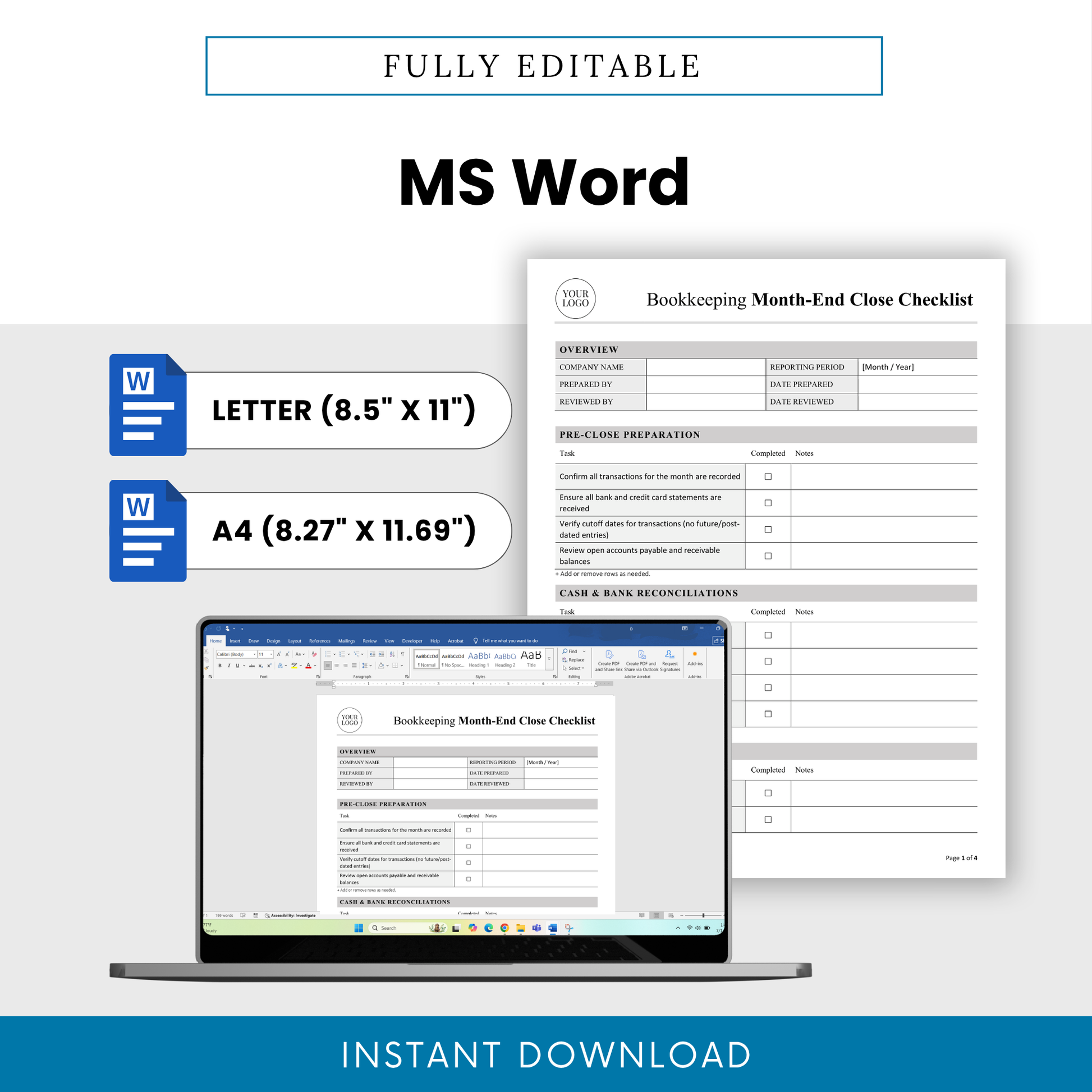Editable bookkeeping checklist template shown in Microsoft Word format, customizable accounting document, US Letter and A4 sizes, professional finance template