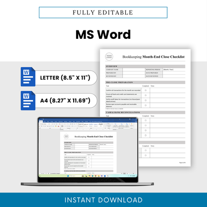 Editable bookkeeping checklist template shown in Microsoft Word format, customizable accounting document, US Letter and A4 sizes, professional finance template