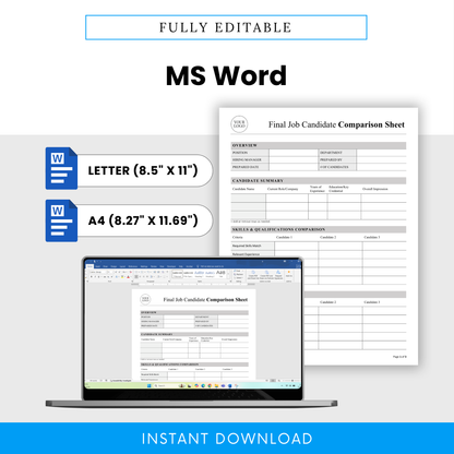 Editable Candidate Comparison Sheet Template Word shown on a laptop screen, emphasizing ease of customization and professional formatting. This simple hiring template is perfect for teams needing a flexible, downloadable business document for recruitment workflows.