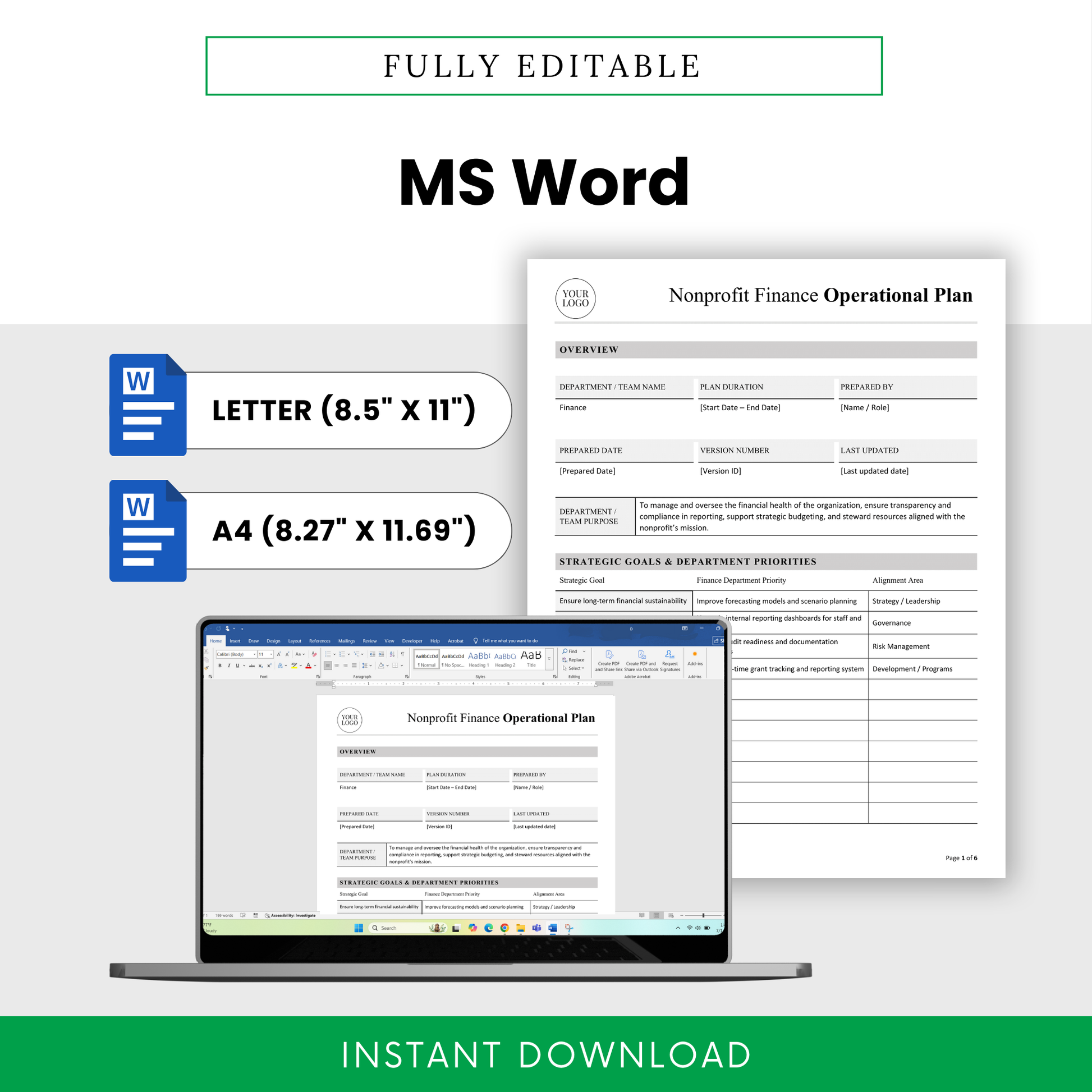 Editable nonprofit finance operational plan template in Microsoft Word format with US Letter and A4 sizes, customizable layout for financial planning and reporting
