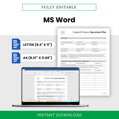 Editable nonprofit finance operational plan template in Microsoft Word format with US Letter and A4 sizes, customizable layout for financial planning and reporting