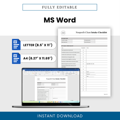 Editable nonprofit intake checklist template in Microsoft Word format with US Letter and A4 sizes, customizable branding, and professional case management document