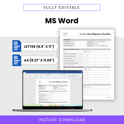 Editable Vendor Due Diligence Template Word displayed on a laptop, showing how easy it is to customize and update vendor evaluation details. This simple Vendor Due Diligence Checklist Template is perfect for business owners, managers, and teams who need a flexible and professional document.