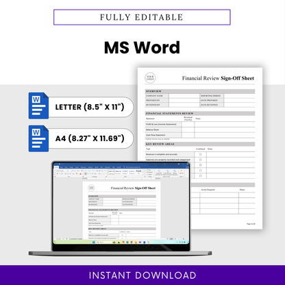 Editable Financial Review template in Microsoft Word format (.docx), fully customizable accounting checklist with Letter and A4 page sizes.
