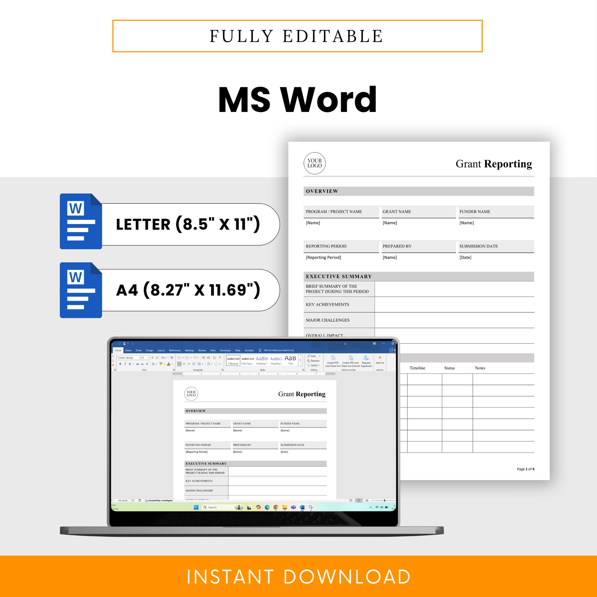 Grant Reporting Template Word format shown on desktop with fully editable sections in Letter and A4 sizes. This simple Grant Reporting Template is perfect for nonprofits and teams needing a customizable, professional reporting document.