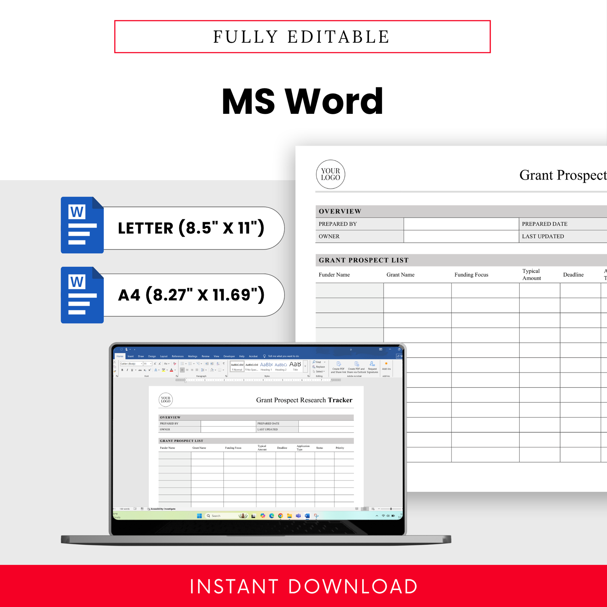 Grant Prospect Research Tracker Template Word format displayed with US Letter and A4 sizes for easy editing. This simple grant tracker template is designed for flexibility, allowing users to customize and manage grant workflows in Microsoft Word.