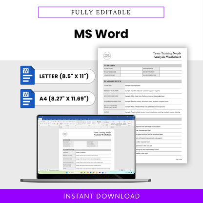 Fully editable team training needs analysis worksheet in Microsoft Word format with Letter and A4 sizes, customizable layout for HR and business use