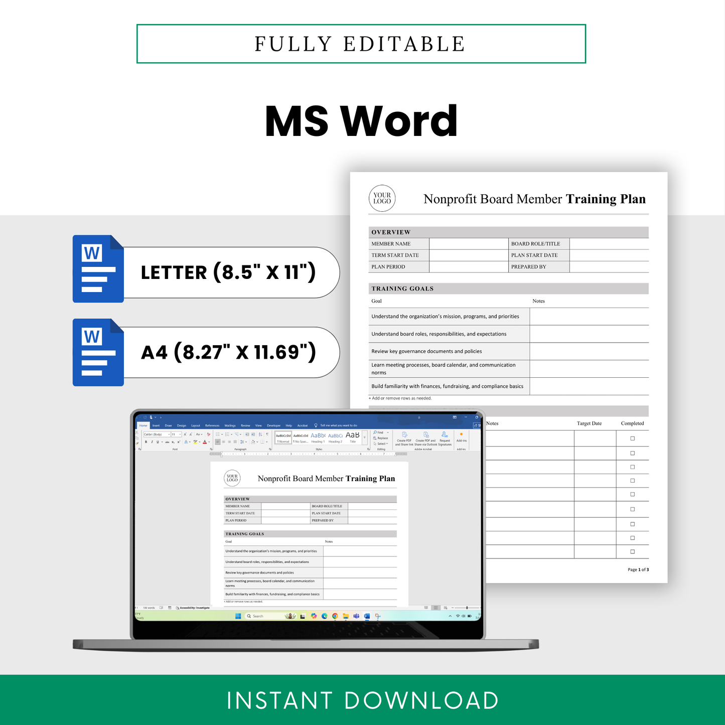Fully editable nonprofit board member training plan template in Microsoft Word format, available in US Letter and A4 sizes, featuring a clean customizable layout for nonprofit board orientation and member training