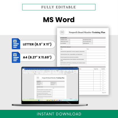 Fully editable nonprofit board member training plan template in Microsoft Word format, available in US Letter and A4 sizes, featuring a clean customizable layout for nonprofit board orientation and member training