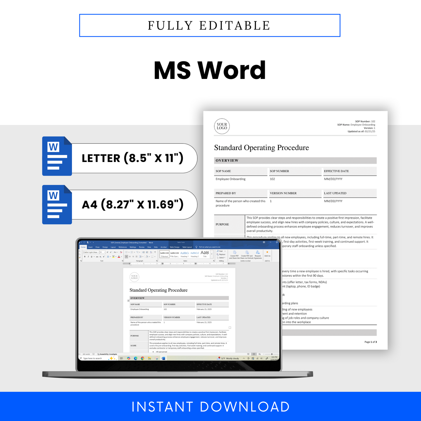 Editable Employee Onboarding SOP displayed on a laptop screen in Microsoft Word format, with icons indicating Letter and A4 sizes.
