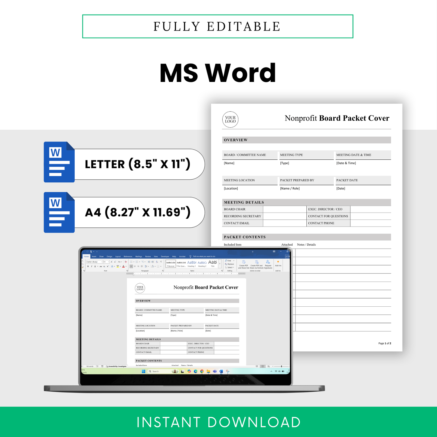 Fully editable nonprofit board packet cover template shown in Microsoft Word with US Letter and A4 page sizes, designed for easy customization, nonprofit board meeting preparation, committee packets, and branded board documents