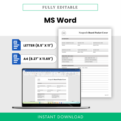 Fully editable nonprofit board packet cover template shown in Microsoft Word with US Letter and A4 page sizes, designed for easy customization, nonprofit board meeting preparation, committee packets, and branded board documents
