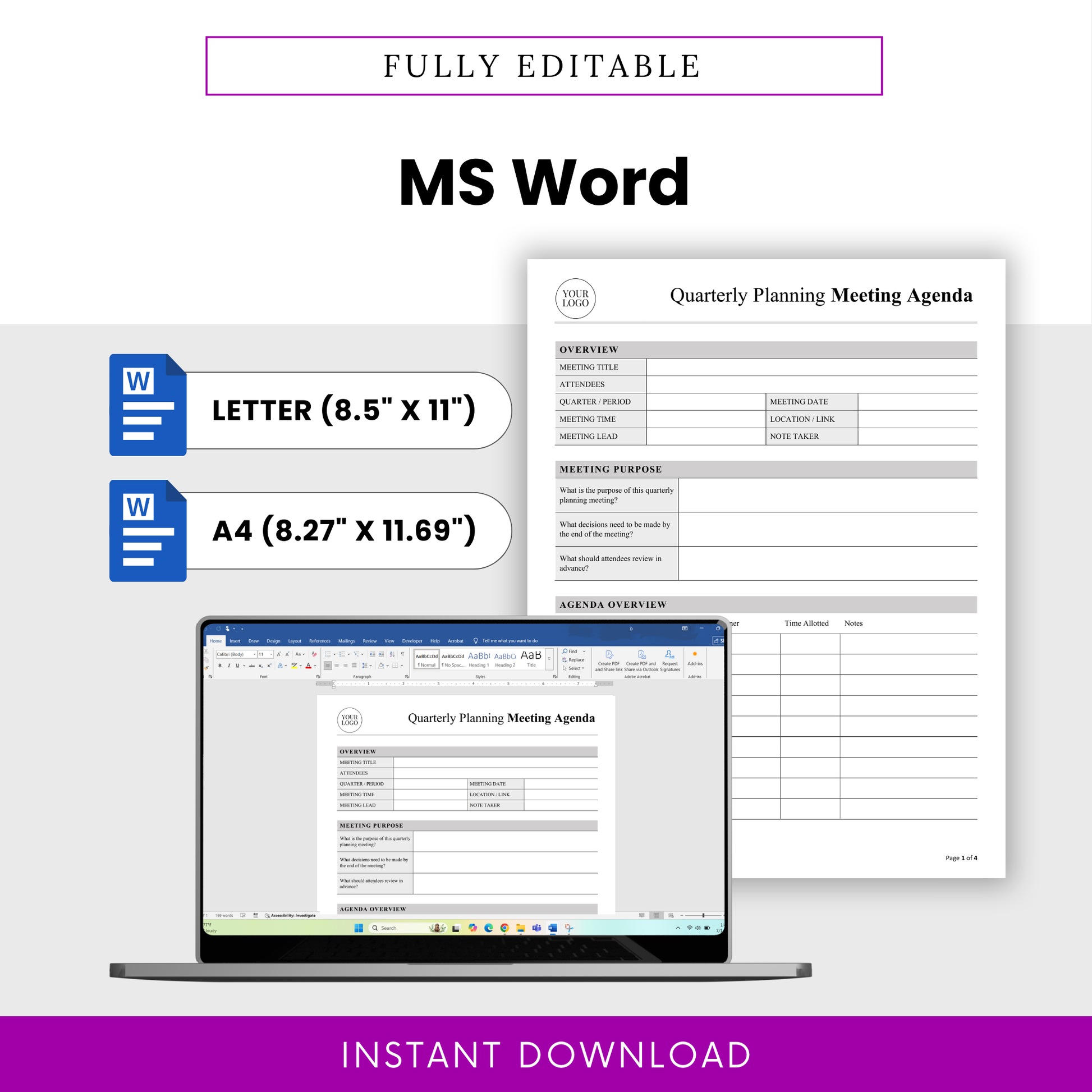 Fully editable quarterly planning meeting agenda template in Microsoft Word format with US Letter and A4 sizes, customizable layout for business meetings and team planning sessions