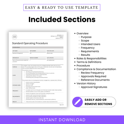 Included sections of the Backorder Management SOP Template: Overview, Purpose, Scope, Intended Users, Frequency, Requirements, Results, Roles & Responsibilities, Terms & Definitions, Procedure, Compliance & Documentation, and Version History. Fully editable and easy to customize. Instant download.