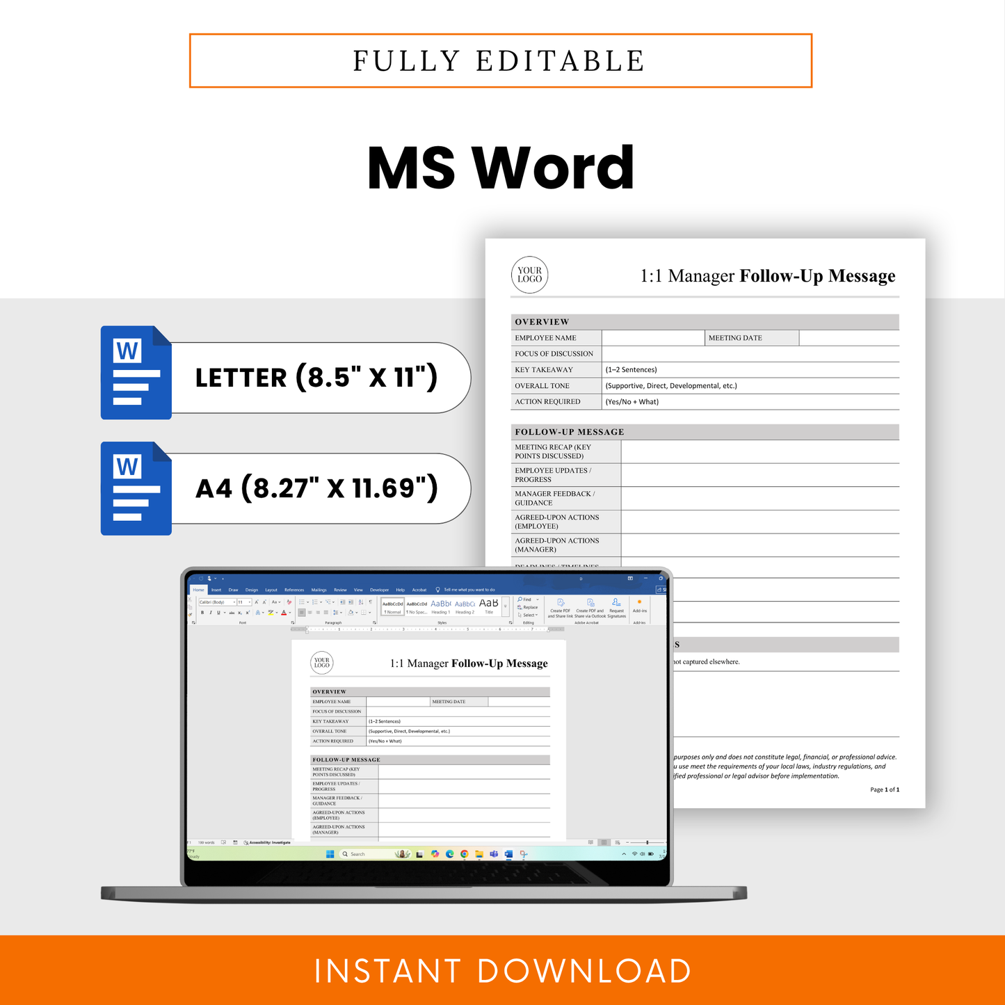 An editable Microsoft Word manager meeting template available in US Letter and A4 sizes, designed for easy customization and professional team management.