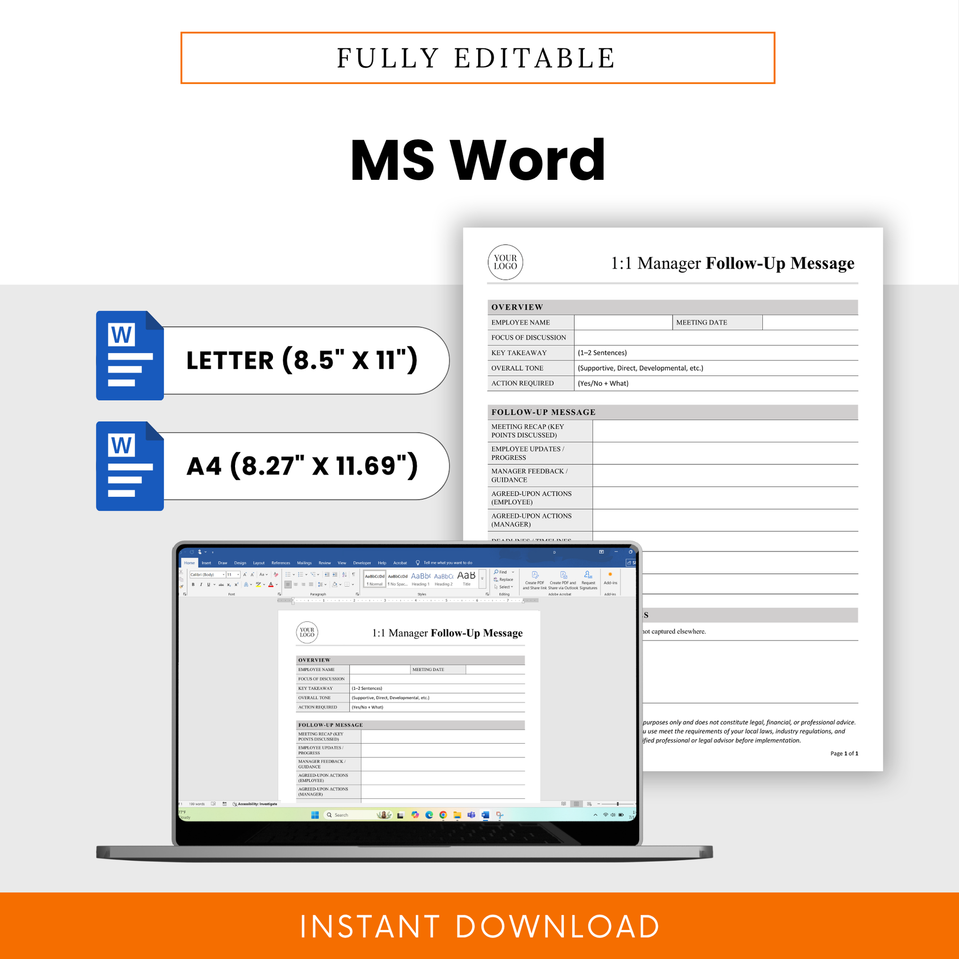 An editable Microsoft Word manager meeting template available in US Letter and A4 sizes, designed for easy customization and professional team management.