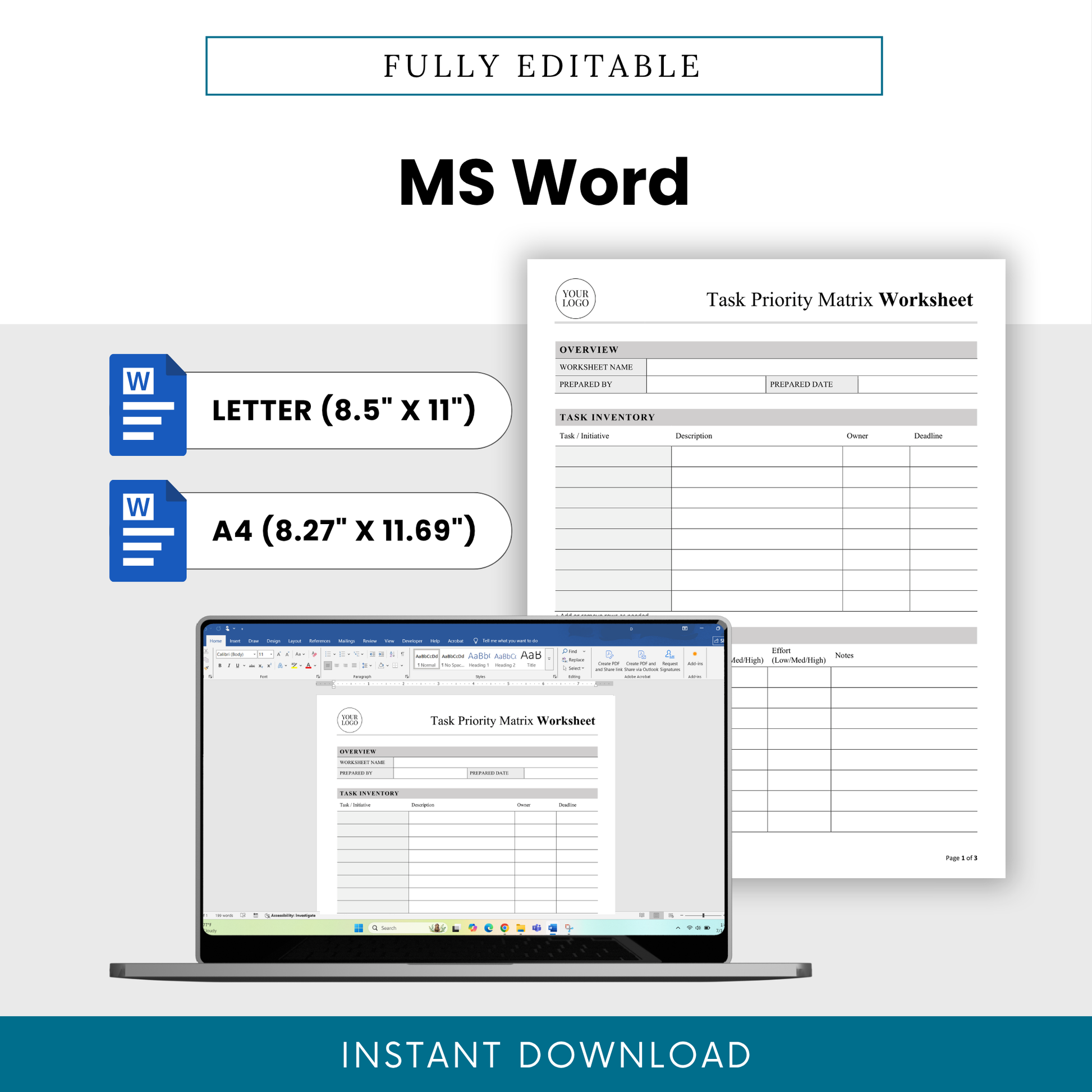 Editable task priority matrix worksheet in Microsoft Word format, business productivity planner, customizable project management template letter and A4 sizes