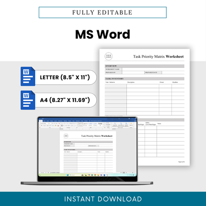 Editable task priority matrix worksheet in Microsoft Word format, business productivity planner, customizable project management template letter and A4 sizes