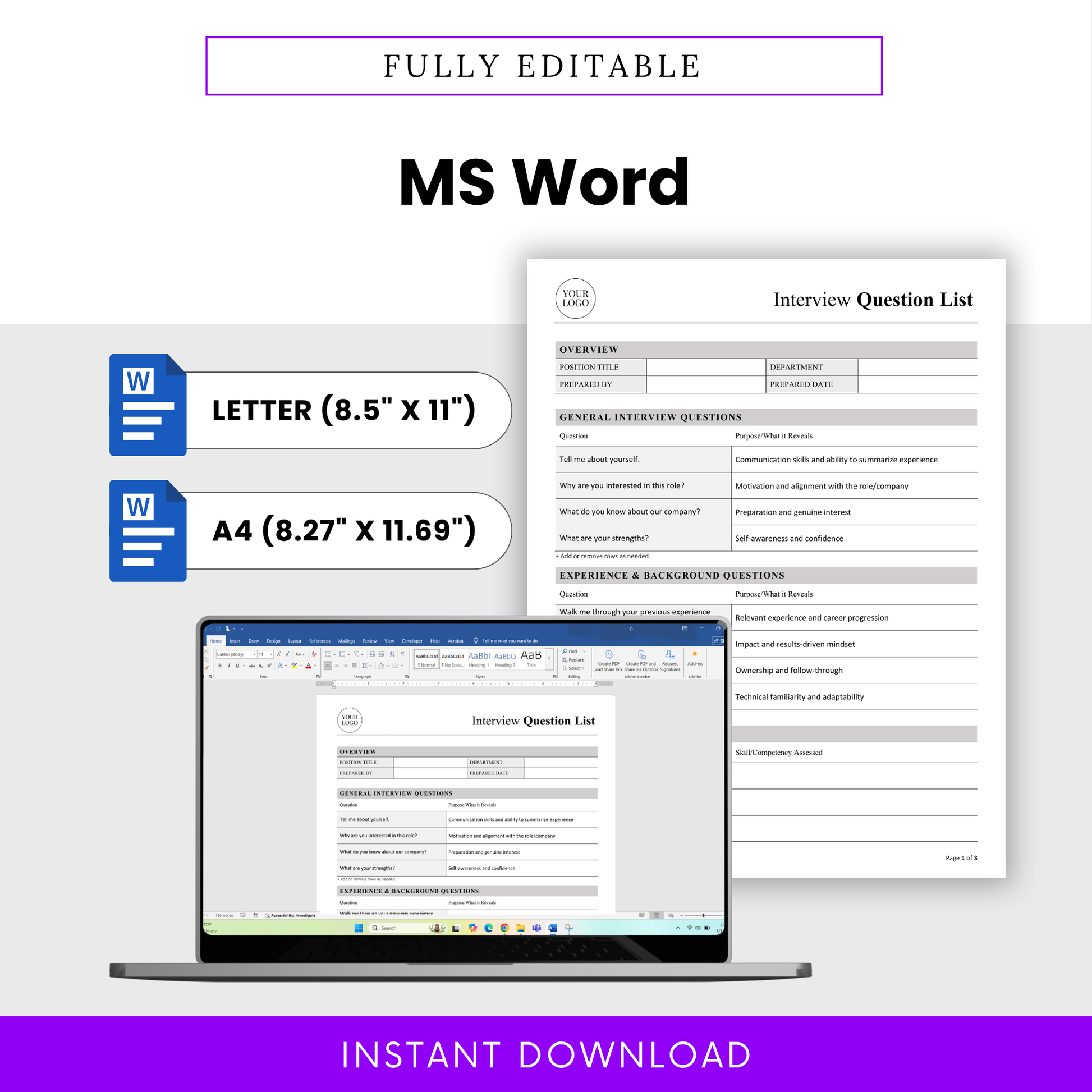 Editable interview template in Microsoft Word format with letter and A4 sizes, customizable HR hiring document for recruiters and managers