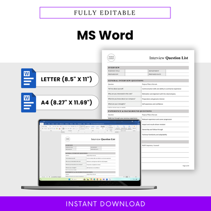 Editable interview template in Microsoft Word format with letter and A4 sizes, customizable HR hiring document for recruiters and managers
