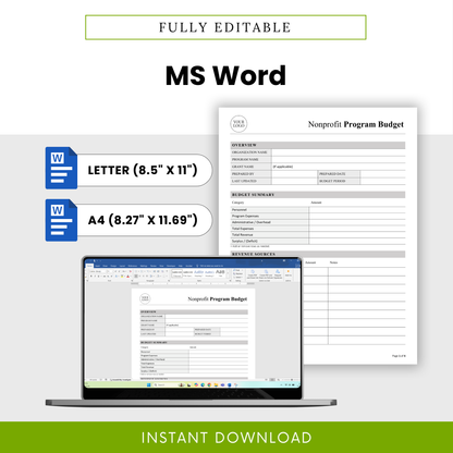 Nonprofit Program Budget Template Word displayed on a laptop, showcasing fully editable formatting in US Letter and A4 sizes. This editable nonprofit financial template is perfect for small businesses, nonprofits, and managers who need a customizable budgeting solution.