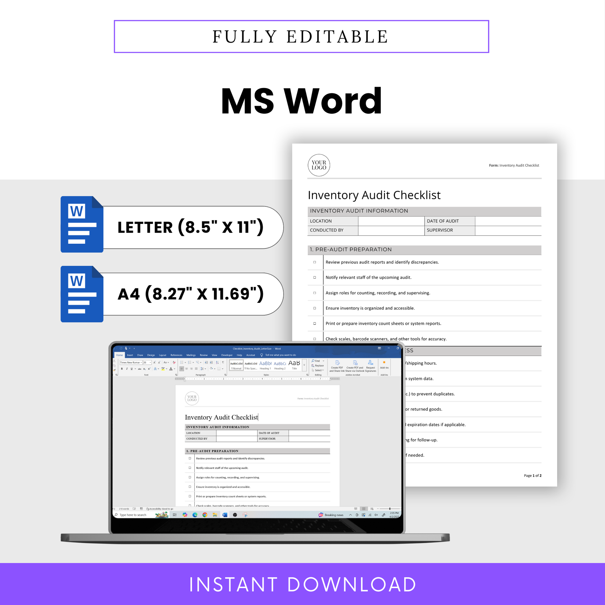 Editable Microsoft Word version of the Inventory Audit Checklist template, shown on a laptop screen and available in both A4 and US Letter sizes.