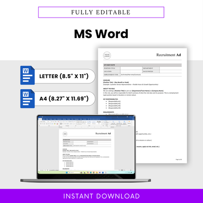 Editable recruitment ad template in Microsoft Word format, customizable hiring document with letter and A4 sizes, HR template for job listings