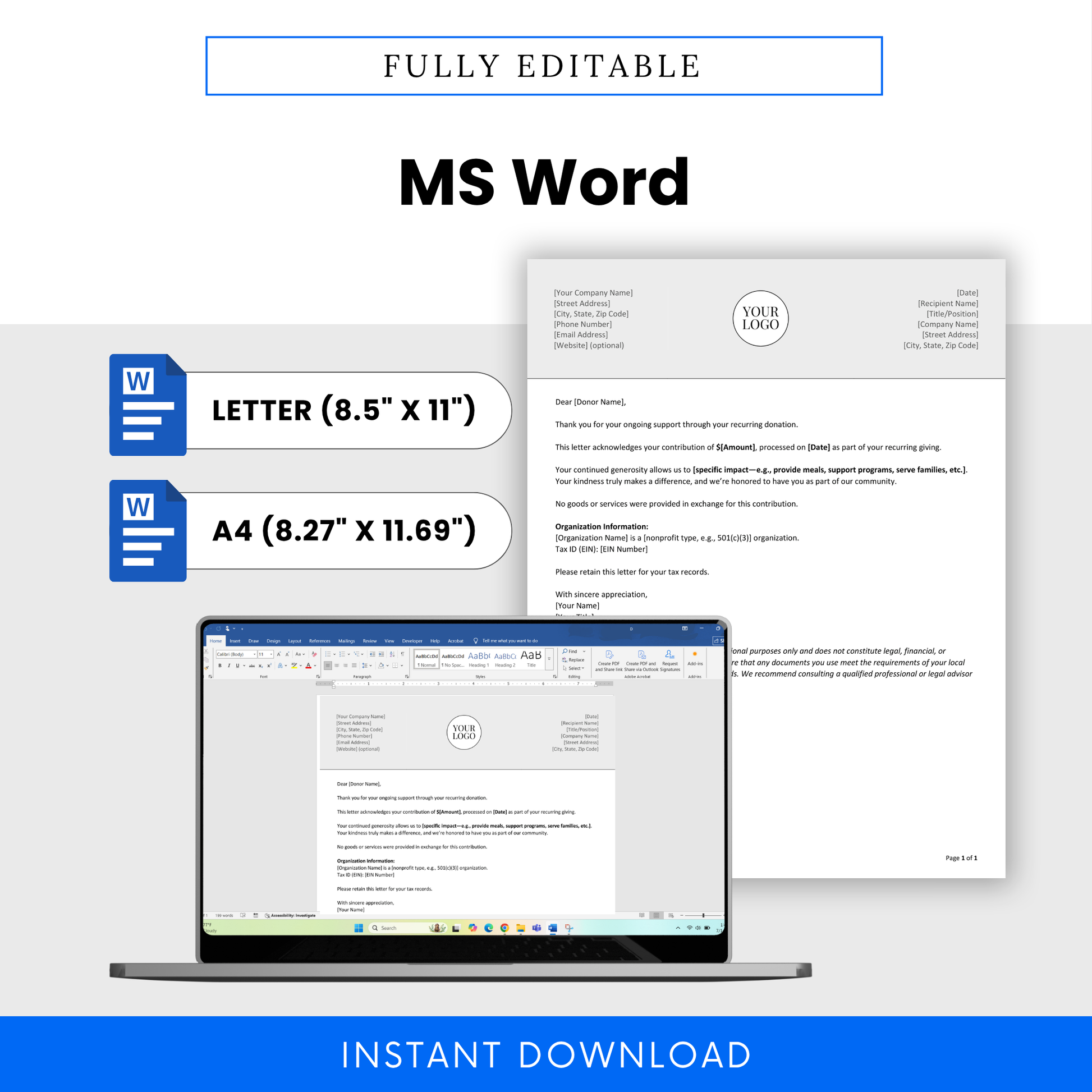 Editable Donation Acknowledgment Letter Template Word file displayed with Letter and A4 sizes for easy customization. Perfect for nonprofits and small organizations needing a flexible, professional business template for donor acknowledgment.