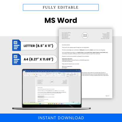 Editable Donation Acknowledgment Letter Template Word file displayed with Letter and A4 sizes for easy customization. Perfect for nonprofits and small organizations needing a flexible, professional business template for donor acknowledgment.