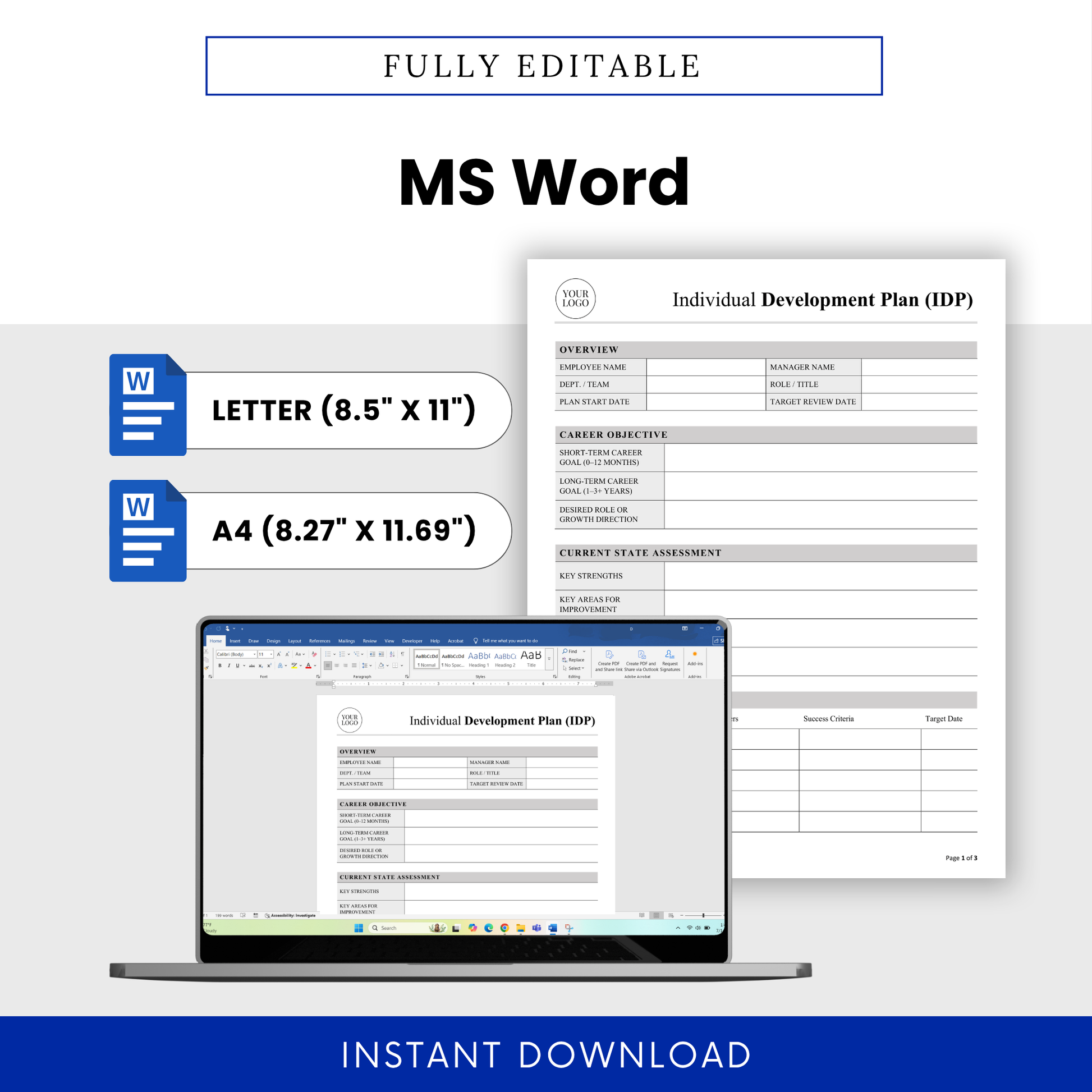 Fully editable Individual Development Plan template in Microsoft Word format, ideal for customizing career planning documents, HR tools, and employee development worksheets